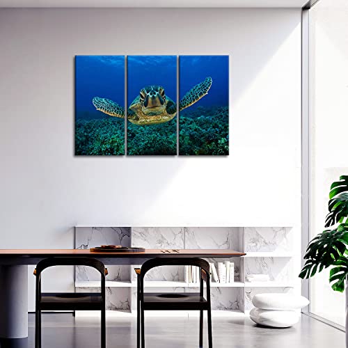So Crazy Art- Sea Turtle Wall Art Decor Turtle Animal Swimming In The Blue Ocean Canvas Pictures Artwork 3 Panel Marine Life Painting Prints For Bathroom Living Dining Room Kitchen #TOP1