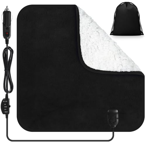 Tuanse 16 x 16 Inches Car Electric Blanket 12 Volt Heated Car Blanket with Temperature Controller and Black Storage Bag Cold Weather Tailgating and Emergency Kit(Black White Cotton,Blank)