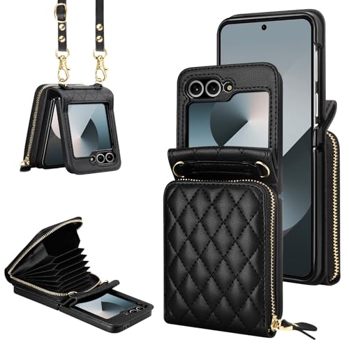 Vofolen for Samsung Galaxy Z Flip 6 Case with Card Holder Crossbody 8-Card Slots Wallet Case with Adjustable Strap Soft PU Leather Protective Zipper Flip 6 Phone Case for Women Girls, 6.7'' Black