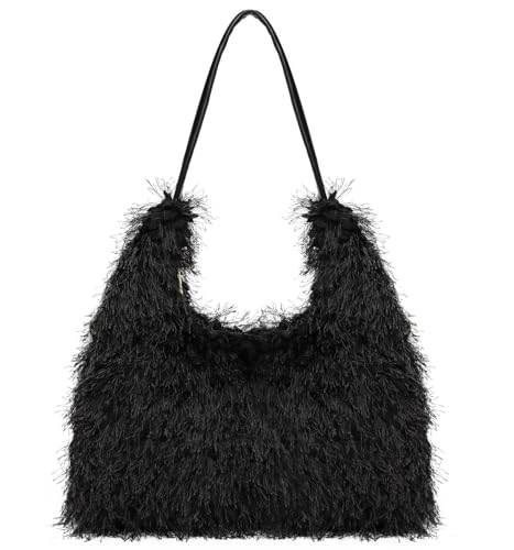 Large Furry Hobo Shoulder Crossbody Bag for Women Faux Fur Fuzzy Plush Purse and Handbag With Long Chain Strap