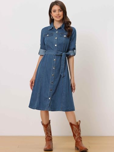 Allegra K Denim Dress for Women's Long Sleeve Button Down A-Line Belted Classic Jean Dresses4