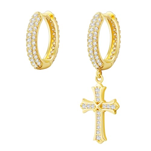 KRKC Cross Dangle Earrings - Sterling Silver Hoop, 14K Gold Plated, Hypoallergenic, 15mm Cross Dangle Drop Round Earrings for Men & Women