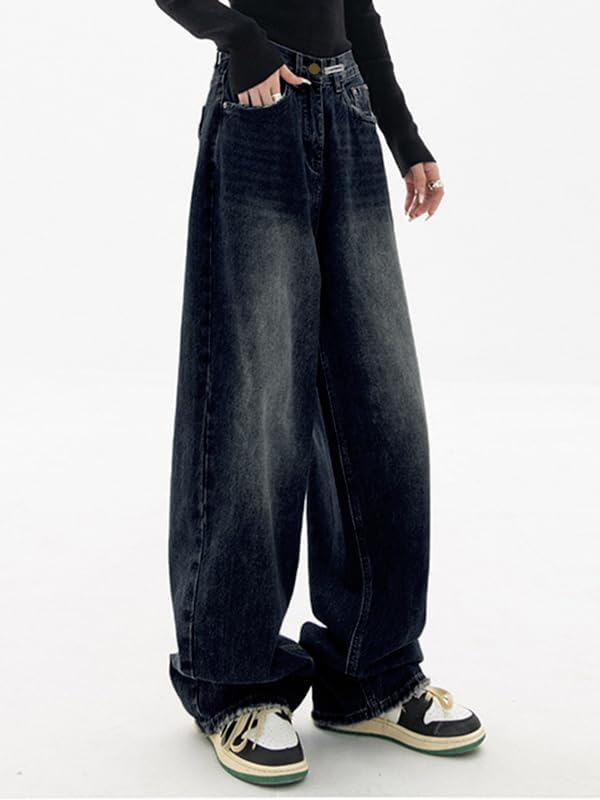 EMMIOL Mid-Low Rise Baggy Jeans for Women, Straight Leg Vintage Boyfriend Jeans with Distressed Details