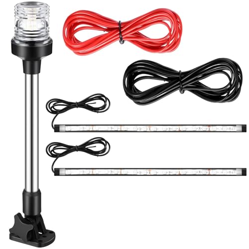 Rossesay White LED Boat Stern Light with 2 Pcs 8.2ft Extra Cables All Round 12-24v, and 2 Pcs Navigation Lights LED Anchor for Boats Red and Green Running Marine(12 Inch)