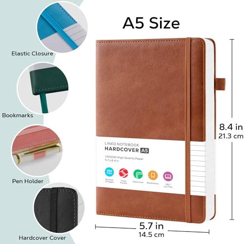 2 Pack Journal Notebook, Hardcover A5 Diary Journal for Women/Men Work, Leather Notebooks for School Supplies, 100GSM Lined Paper, No Bleed, Inner Pocket, Brown Black image 5
