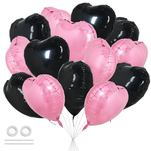 TONIFUL 30 Pcs Pink Black Heart Balloons 18 Inch Heart Shape Foil Balloon