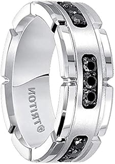 Ring Comfort Fit White Tungsten Silver Black Diamond Band