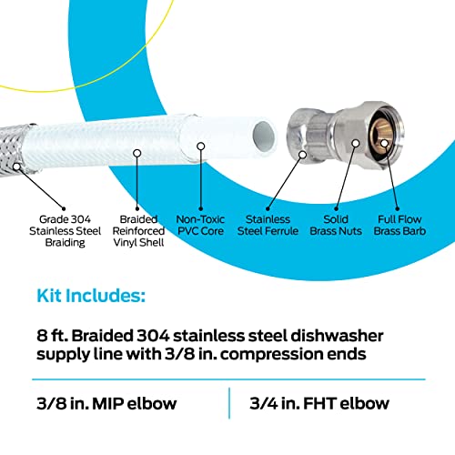 Eastman Dishwasher Installation Kit, 3/8 Inch Compression, 3/8 Inch Mip Elbow, 3/4 Inch Fht Elbow, 8 Foot Braided Stainless Steel Dishwasher Connectors, 41059 #TOP3