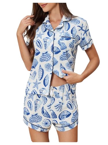 MakeMeChic Women's 2 Piece Pajama Set Graphic Short Sleeve Button Down Shirt and Shorts Set Sleepwear