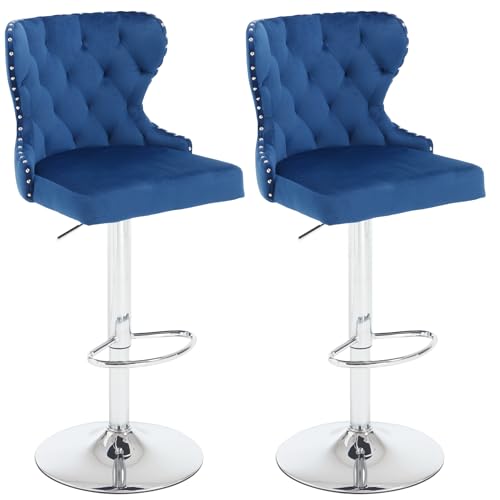 ANTOKA Set of 2 Adjustable Swivel Bar Stools Velvet Upholstered Counter Height Chairs with Nailhead Trim Silver Footrest and High Back for Kitchen Island Home Bar Dining Room Cafe Blue