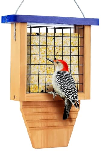 Gbekery Wooden Suet Bird Feeder for Outside Hanging, Woodpecker Suet Feeder with Tail Prop, Hanging Bird Feeder for Wild Birds, 1 Pack, Blue