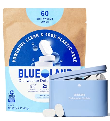 BLUELAND 100% Plastic-Free Dishwasher Detergent Tablets, Starter Set, 60 Count with tin, Free & Clear, Eco-Friendly Dishwashing Pods, Cuts Grease & Stuck on Food, Rinses Clean for Streak-Free Shine