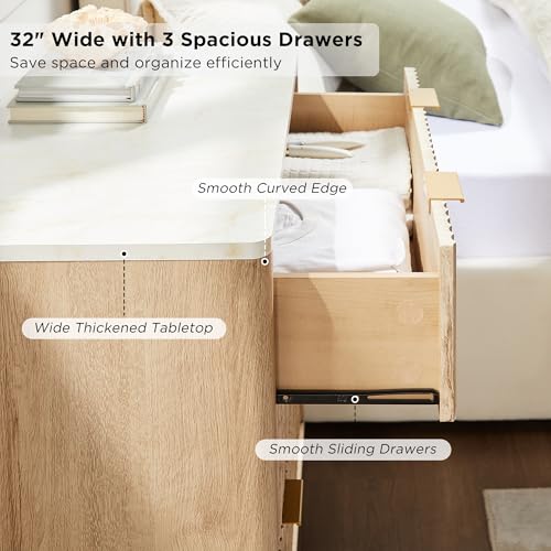T4TREAM 32" Tall Fluted Nightstand Set of 2, Modern Side Table with Faux Marble Top, 3 Drawers End Table w/Storage, Bedside Table for Bedroom, Living Room, Curved Profile Design, Natural Oak
