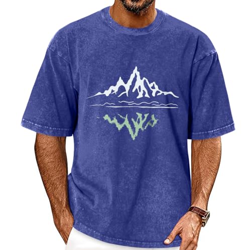 Oversized Tshirts for Men Vintage Washed Tees, Blue Mountains, L