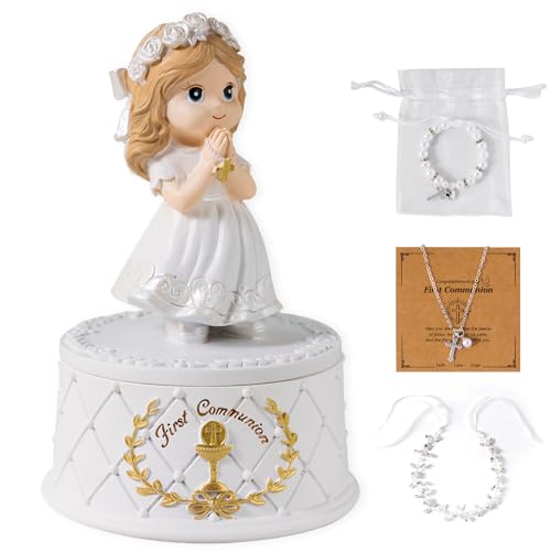 First Communion Gifts for Girls- First Holy Girl Figurine with Keepsake Box & Flower Girl Headpiece & Cross Necklace & Cross Bracelet Included, 1st Communion Gifts for Girls