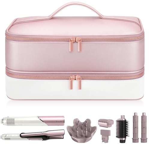 Image of Travel Hair Dryer Case for Shark Glam, Portable Hair Tools Bag for Shark FlexFusion, Double-Layer Storage Carrying Case for FlexStyle Blow Dryer, Silki Straightener & Glossi Attachments Holder (Pink)