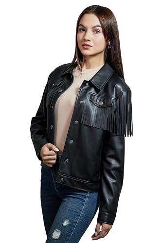 Wrangler Women’s Faux Leather Fringe Trucker Jacket Black.4