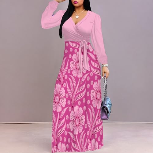 Image of PinkPatty Women's Long Sleeve Maxi Dress Plus Size Trendy Wedding Guest Wrap Dress with Pockets&Belt