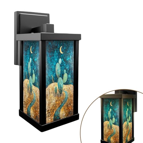 WOOPKAJSFKJI Outdoor Wall Lights Southwestern Desert Mosaic Tile Mural Sunset Cactus Art Exterior Waterproof Wall Mount Sconce 13