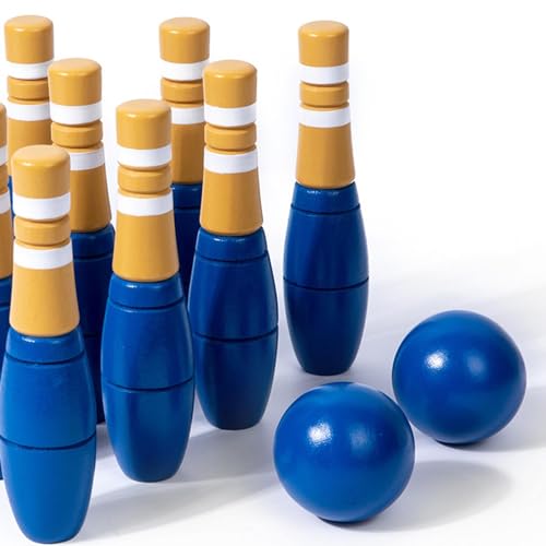 Fancyes Conjunto de boliche de madeira para crianças, brinquedo de boliche com 10 pinos e 2 bolas, j