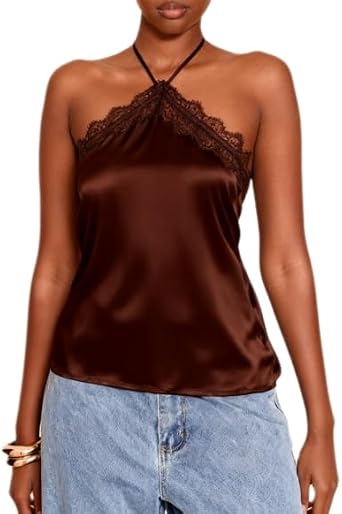 Giraropa Women Lace Trim Halter Neck Tank Top Sexy Tie Up Backless Slim Fit Silk Satin Tops Summer Shirt Streetwear