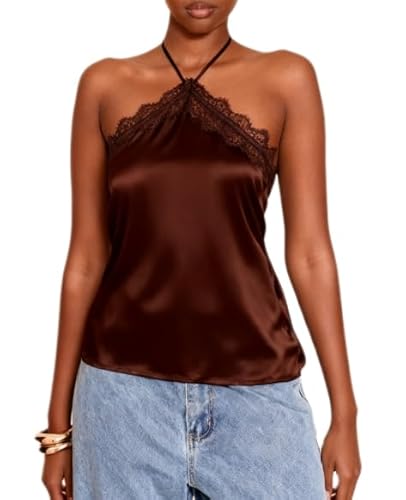 Giraropa Women Lace Trim Halter Neck Tank Top Sexy Tie