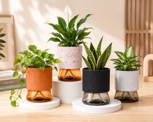 Image of Self Watering Planter - Kyoto - with Cotton Wick Water Reservoir | Indoor Flower Pot for Small Plants | Visible Water Level | Modern Plant Pot for Home, Living Room, Office & Tabletop Decor, Set Of 4