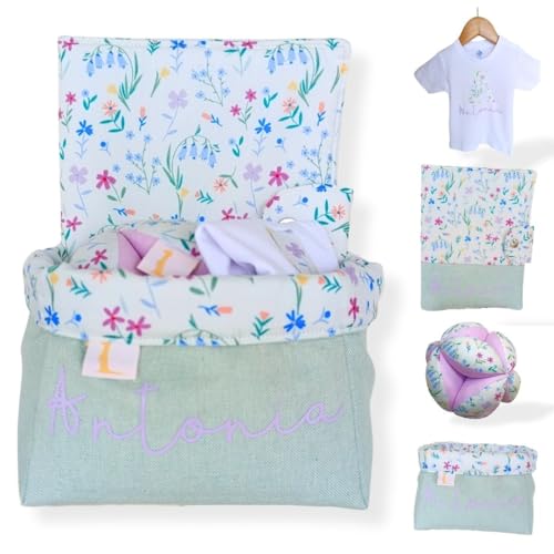Cesta regalo bebe recien nacido personalizada - Detalle baby shower - Cesta organizadora - Portadocumentos - Camiseta personalizada - Pelota Montessori