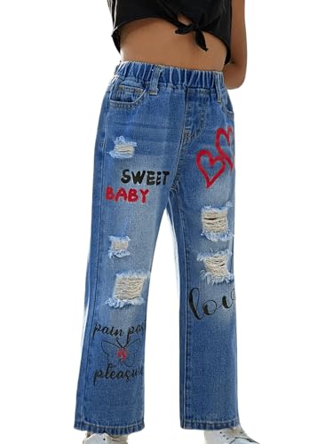 Floerns Toddler Girl's Elastic Waist Ripped Graphic Print Straight Leg Denim Pants3