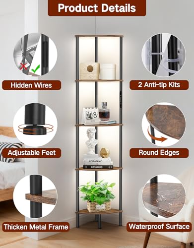 Miniatura 6 de Librería Esquinera con Luz LED Integrada, 3 Tonos de Luz, Regulable por Tacto y Mando a Distancia, Lámpara de Pie Alta con 5 Niveles para Sala de Estar, Dormitorio y Oficina