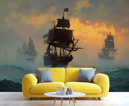 Ships Wall Mural, Waves Wallpaper, Dramatic Removable Home Decor TV