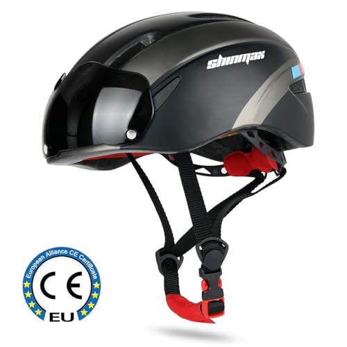 Shinmax Casco Bicicleta Certificato CE, Casco Bici Adulto con Occhiali Magnetici Staccabili Visiera Shield for Hombres Mujeres Casco da Bicicletta Mountain & Road Regolabile Protezione Ski & Snowboard - imagen 2