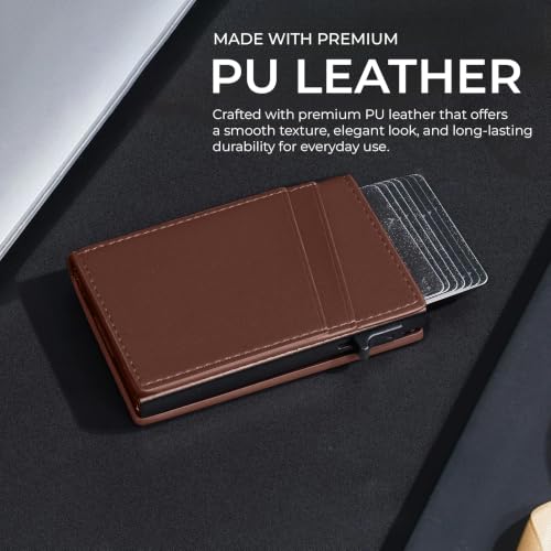 Image of VOGARD Pop-Up Card Holder for Men, RFID Blocking Slim Aluminium Case with Premium PU Leather, Automatic Card Ejector, Front Pocket Design (Tan)