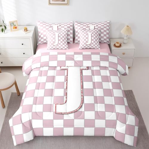 Image of Erosebridal Pink Initial J Full Bed in A Bag 7 Piece Kawaii Plaid Checkered Comforter Set with Sheets Cute Personalized Monogram Bedding Sets for Kids Girls Teen Women,Fashion Grids Gingham Bed Set
