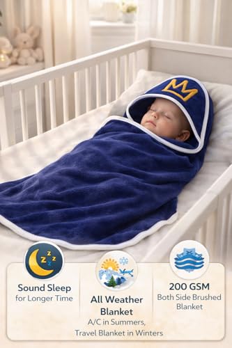 Image of First Kick Baby Blanket Newborn Polar Fleece Hooded Blanket with Premium Embroidery, 200 GSM All-Weather Newborn Wrapper, White Piping Stitch, 24 x 30 Inches, 0-6 Months, Navyblue