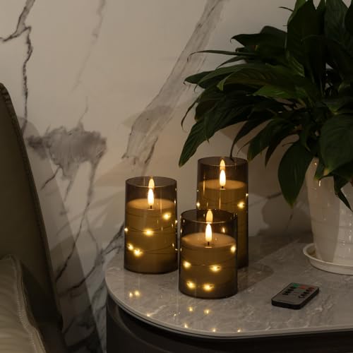 Image of Flickering Flameless Candles with Timer - Durable Acrylic Glass Shell, with Embedded Star String, Battery Operated Candles with Remote for Romantic Ambiance and Home Decoration (Set of 3, Grey)
