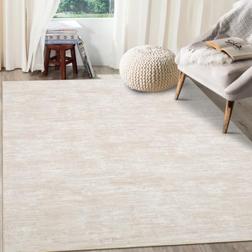 RUGSREAL Area Rug 5x7 Machine Washable Area Rug for Living Room Non-Slip Stain Resistant Modern Abstract Bedroom Rug Contemporary Solid Throw Rug Foldable Accent Floor Carpet for Dining Room, Beige