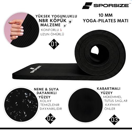 Sporsize Pilates & Yoga Matı 10 mm Kalınlık – Kaymaz NBR Köpük, Ekstra Konforlu Minder, Taşıma Askısı Dahil – 183×61 cm Siyah - Görsel 3