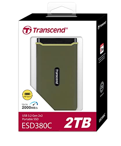 Image of Transcend 380C 2TB Portable SSD - Up to 2,000 MB /s - USB 3.2 Gen 2x2, Type C to A /C - External Solid State Drive, Military Green - TS2TESD380C