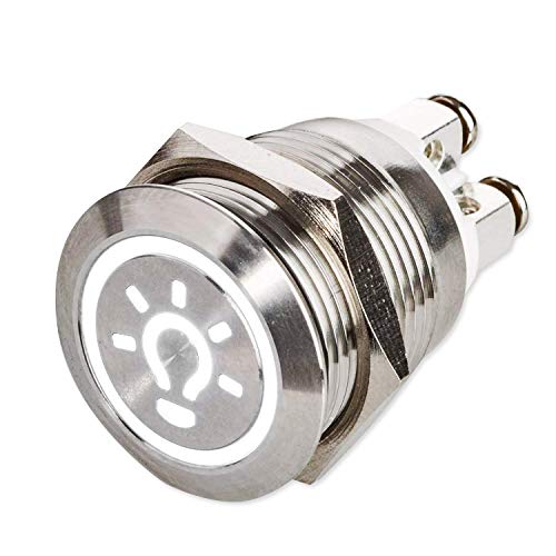 Metzler-Trade® LED Drucktaster mit Licht-Symbol Einbaudurchmesser Ø 19 mm flacher Edelstahl-Taster mit farbigem beleuchtetem Licht-Symbol und Schraubkontakten, wasserdicht, IP67, AC/DC (Weiß) Cover