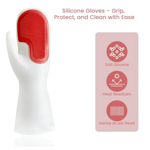 Image of UCRAVO Silicone Dishwashing Scrubber Gloves with Built-in Bristles, Reusable Kitchen Cleaning Gloves, Heat Resistant Silicone Dish Washing for Dishes, Sink, Bathroom, Car Washing & Household Cleaning