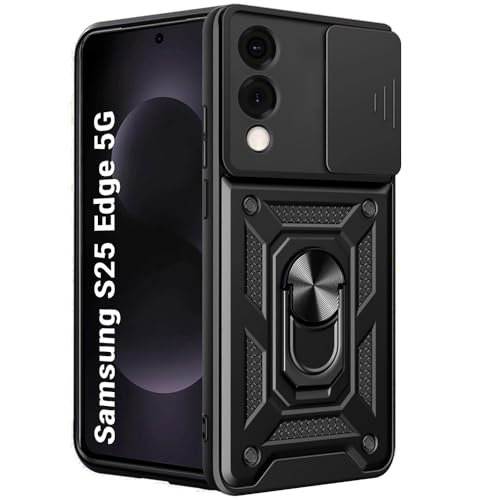 Image of TheGiftKart Tough Armor Bumper Back Cover Case for Samsung Galaxy S25 Edge 5G | Sliding Camera Cover, Kickstand & Ring Holder | 360 Protection Back Cover Case for Samsung S25 Edge (PC & TPU, Black)