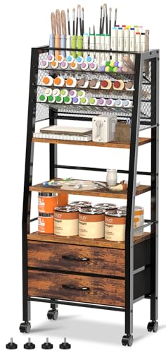 3-Tier Art Cart with Drawers & Lockable Wheels - Craft Organizer For Supplies, Brushes, Paints & Small Parts Storage, Utility Tool Art & Craft Paint Brush Holder for Home, Office (Rustic Brown)