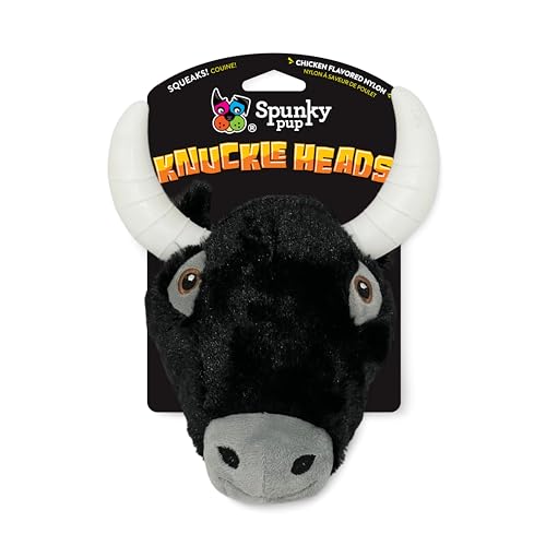 Spunky pup Knucklehead Durable Dog Toy - 2-in-1 Plush & Chew Toy for Aggressive Chewers, Chicken-Flavored Dental Chew, Durable Double-Stitched Squeaker- Bull