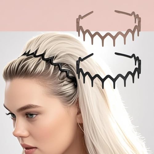 Pack of 2 Zig Zag Headbands, Wavy Hair Band with Teeth, Headbands for Women, Headband Accessories for Women (Black and Khaki)