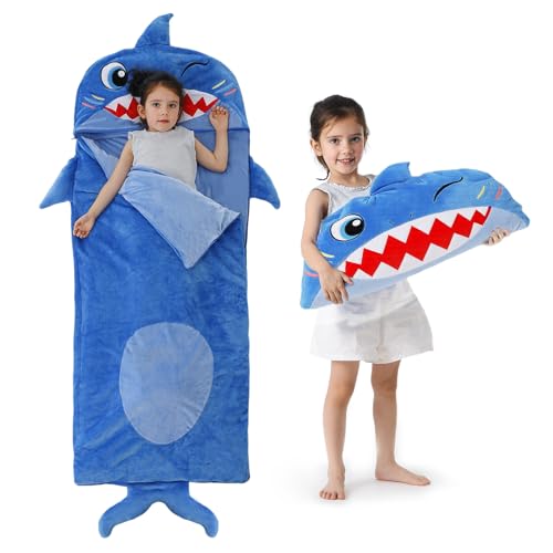 Kyerlish Kids Sleeping Bag Plush Toddler Slumber Bag 2-in-1 Pillow Soft Shark Sleeping Bag Nap Mats for Preschool Daycare Travel Gift Ages 3-12 68 x 26