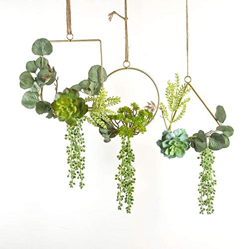 Set of 3 Artificial Succulent Floral Hoop Wreath with Green Eucalyptus Leaves Garland for Wedding Backdrop Nursery Wall Decoration