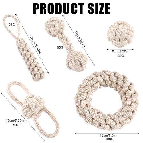 GOMETY 5 PCS Kauen Hundespielzeug Set,Interaktives Kauspielzeug aus Natürlicher Baumwolle,Hundespielzeug Seil mit Knoten Ball,für Kleine Mittlere Große Welpen Katzen Haustier Zahnpflege,Beige Leinen