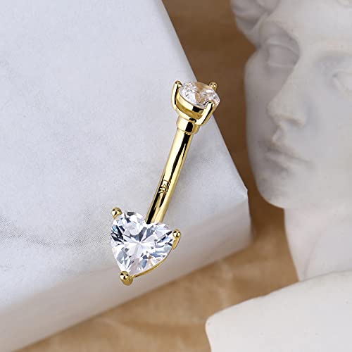 Cm Crareesi Mania 14K Solid Gold Belly Rings Heart Cubic Zirconia Belly Button Piercing Rings 14G Yellow Gold Navel Piercing Jewellery Prong Set Navel Rings #TOP1
