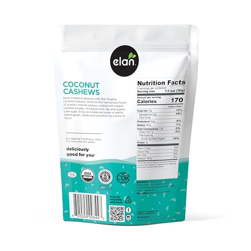 Image of Elan Organic Coconut Cashews, 5.6 oz, Non-GMO, Gluten-Free, Vegan, Kosher, Glazed Nuts (Roasted Cashews, Coconut Milk Powder, Himalayan Pink Salt), Superfood Infused Nuts